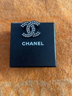 CHANEL Black CC Logo Charcoal Finish Pin with Silver Tone Plaque